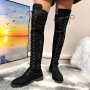 Women's Solid Color Trendy Boots Lace Up Side Zipper Platform Soft Sole Boots Winter Over Knee Elastic Slim Boots