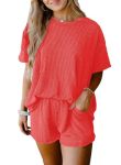 Shewin Womens Fashion Two Piece Loungewear Set Crew Neck Ribbed Short Sleeve Tunic Top Loose Fit Shorts With Pockets 2 Piece Set