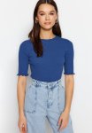 Crew Neck Fitted Knitted Top - Blue