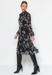 Floral Chiffon Lined Winter Dress - Black