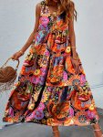 Allover Print Ruffle Hem Tank Dress Casual V Neck Sleeveless Dress For Spring & Summer Women's Clothing