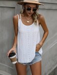 Solid Color Double Spaghetti Strap Top Casual Cold Shoulder Sleeveless Eyelet Cami Top For Summer Women's Clothing
