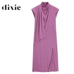 Draped Neck Mock Wrap Dress Maxi - Lavender M