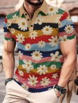 Men's Colorful Stripe And Floral Graphic Print Golf Shirt Casual Short Sleeve Shirt For Summer Outdoor
