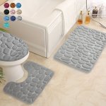 3PCS SET Memory Foam Bathroom Rugs Set Cobblestone Embossed Ultra Soft Non-slip Bath Rug & Absorbent Bath Mat Carpets Includes U