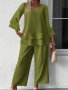 Plus Size Elegant Two-piece Set Solid Flared Sleeve V Neck Layered Top & Wide Leg Pants Outfits Women's Plus Size Clothing