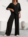 Solid Color Loose Fit Lounge Set V Neck Half Sleeve T-Shirt & Wide Leg Pants Women's Clothing