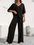 Solid Color Loose Fit Lounge Set V Neck Half Sleeve T-shirt & Wide Leg Pants Women's Clothing