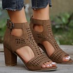 Women's Solid Color Chunky Heel Sandals Fashion Hollow Out Design Dress Pumps Stylish Back Zipper Heels