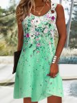 Floral Print Crew Neck Tank Dress Casual Sleeveless Ring Linked Dress For Spring & Summer Women's Clothing