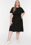 Plus Belted Knitted Crew Neck Dress - Black