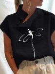 Dragonfly Print Button Front Blouse Casual Cap Sleeve Mock Neck Top For Spring & Summer Women's Clothing