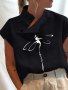 Dragonfly Print Button Front Blouse Casual Cap Sleeve Mock Neck Top For Spring & Summer Women's Clothing