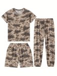3PCS Boys Camouflage Sets Comfy Short Sleeve T-Shirt + Shorts + Elatsic Waist Pants Loose Set For 4-14 Years Old In Spring And S