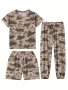 3pcs Boys Camouflage Sets Comfy Short Sleeve T-shirt + Shorts + Elatsic Waist Pants Loose Set For 4-14 Years Old In Spring And Summer