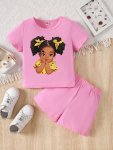 2PCS Toddler Kid's Lovely Cartoon Girl Print Summer Set T-Shirt & Shorts Baby Girl's Clothes