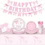 133 Piece Blue /pink Bow Birthday Decorations Plates And Napkins For Party