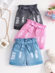 3PCS Knit Ripped Pattern Imitation Denim Shorts For Girls Cool And Comfy Breathable Versatile Outfit Summer Gift