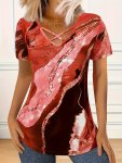 Plus Size Marble Print Criss Cross V Neck T-Shirt Casual Short Sleeve T-Shirt For Spring & Summer Women's Plus Size Clothing