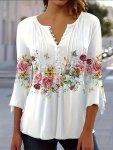 Floral Print Notched Neck Blouse Casual Button Front Blouse For Spring & Summer Women's Clothing