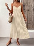 Solid Pleated V Neck Dress Casual Backless Spaghetti Strap Cami Dress For Spring & Summer Women's Clothing