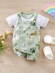 Infant's Cartoon Zoo Animal Print Faux Two-piece Bodysuit Casual Short Sleeve Romper Baby Boy's Clothing