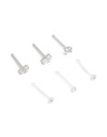 Surgical Steel Cubic Zirconia & Clear Nose Studs 6-PACK