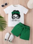 'happy Girl's Day' Print Girls 2PCS Short Sleeve Top + Belted Shorts Set Casual 2-PIECE Summer Outfit
