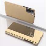 For Samsung Galaxy S21 5G Plated Mirror Horizontal Flip Leather Case With Holder Gold