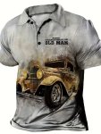 Men's Trendy Vintage Car Print Short Sleeve Button Up Lapel Shirt For Summer Daily