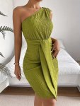 Solid One Shoulder Tie Waist Dress Elegant Sleeveless Bodycon Dress For Spring & Summer Women's Clothing For Party Dressing