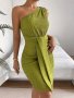 Solid One Shoulder Tie Waist Dress Elegant Sleeveless Bodycon Dress For Spring & Summer Women's Clothing For Party Dressing