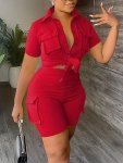 Casual Matching Two-piece Set Button Front Blouse & Flap Pockets Shorts Outfits Women's Clothing