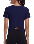 Quenteen Open Back Tops For Women Cropped Work Out Gym Shirts Active Tshirts Summer Running Yoga Shirt Navy Blue Large