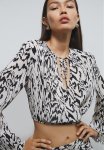 Cropped Wrap Blouse - Cream patterned