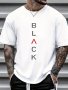 Men's Black Letter Print Short Sleeve T-shirts Comfy Casual Elastic Crew Neck Tops For Men's Outdoor Activities