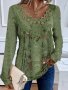 Allover Print Lace Splicing T-Shirt Vintage Long Sleeve Top For Spring & Fall Women's Clothing