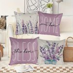 4PCS Set Purple Floral Linen Pillow Covers No Insert - Contemporary Zippered Square Cushion Cases For Sofa & Bedroom Decor Machi