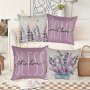 4PCS Set Purple Floral Linen Pillow Covers No Insert - Contemporary Zippered Square Cushion Cases For Sofa & Bedroom Decor Machine Washable