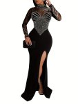 Rhinestone Mock Slit Bodycon Dress Elegant Long Sleeve Mesh Splicing Dress For Party & Banquet Women's Clothing Wedding Occasion