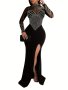 Rhinestone Mock Slit Bodycon Dress Elegant Long Sleeve Mesh Splicing Dress For Party & Banquet Women's Clothing Wedding Occasion Engagement Party Ceremony