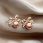 Delicate Bow With Imitation Pearl Design Stud Earrings Alloy Jewelry Embellished With Rhinestones Vintage Elegant Style Dating E