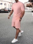 Men's Outfit Solid Casual Crew Neck Short Sleeve T-Shirt & Drawstring Shorts 2-PIECE Set For Summer Outdoor Activities