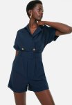 Belted Double Breasted Collar MINI Woven Jumpsuit - Dark Blue
