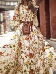 Floral Print A-line Dress Without Belt Elegant Crew Neck Half Sleeve Flowy Dress For Spring & Summer Women's Clothing