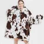 Adults Cow-print Oversized Plush Blanket Hoodie - Large