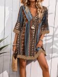 LaCie Lace Trim Ethnic Print V-neck Dress Elegant Short Sleeve Loose Fit Dress For Spring & Summer Women's Clothing