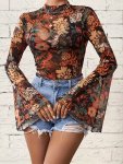 Floral Print Flare Sleeve T-Shirt Elegant Lettuce Trim Mock Neck Top For Spring & Fall Women's Clothing