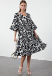 Floral Patterned Wide Cut V-neck Woven Dress - Black