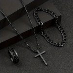 Men's Hip-hop Style 3PCS Set: Cuban Link Necklace Bracelet & Ring - Zinc Alloy Cross Pendant - Perfect For Daily Wear & Gifts